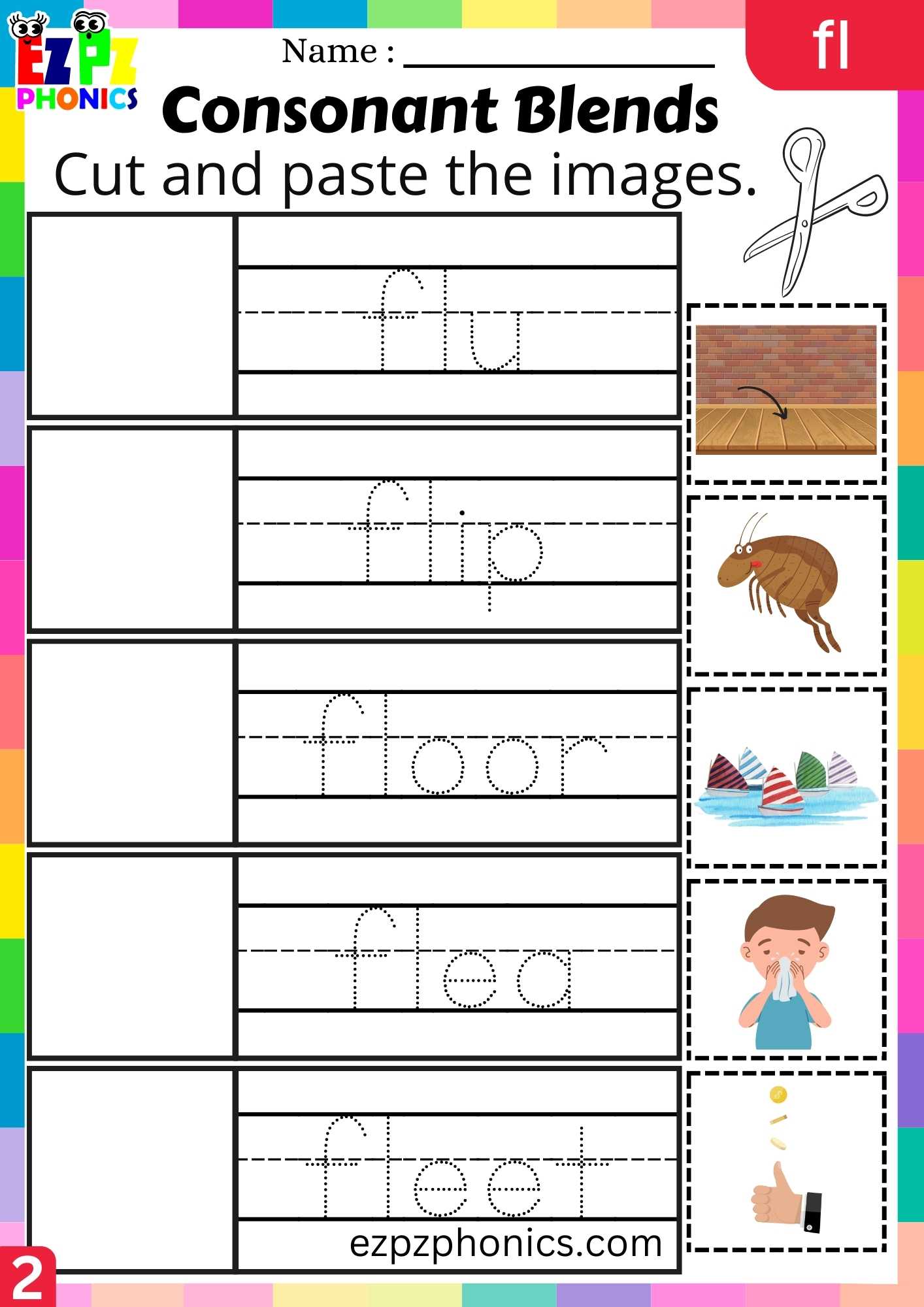 Group2 FL Words Cut And Paste The Images Phonics Consonant Blends Worksheet